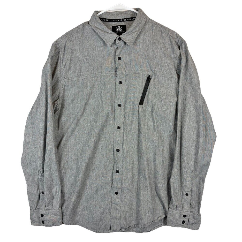 Rock & Republic Shirt L/S Button Chest Zip Pocket Gray Men’s XL
